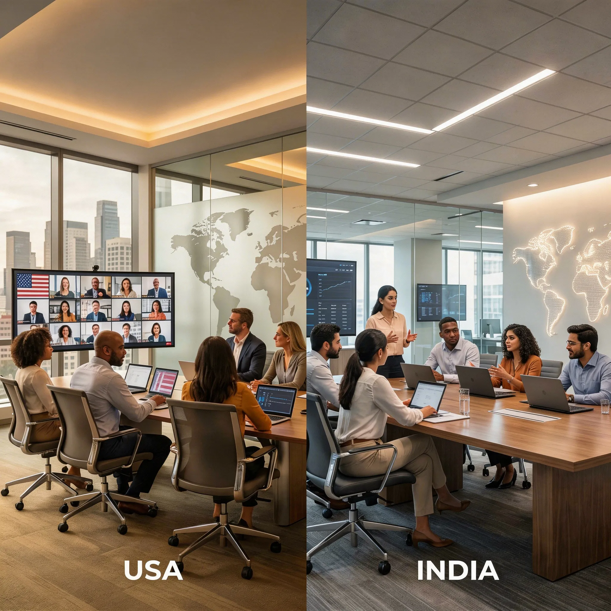 Split view of Everest USA and India teams collaborating across offices